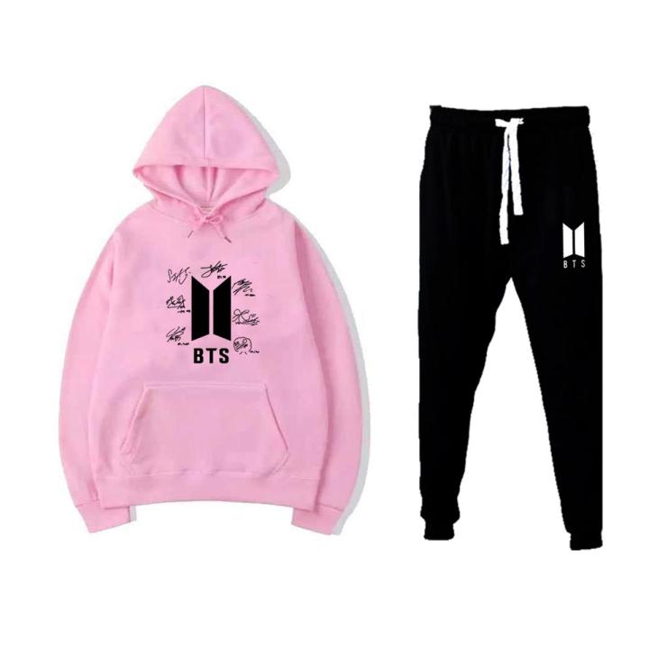 BTS Signature Printed Hoodie And Trouser Kangaroo Pocket Pullover 2022 New Hood Fleece Pink Hoodies Best Quality For Men
