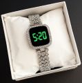 Ladies Silver Diamond Digital Touch Screen LED Watch For Women With Bracelet | Stylish Ladies Watches in Round Dial With Diamond Stainless Steel Jewelry Chain | Korean Watches For Girls. 