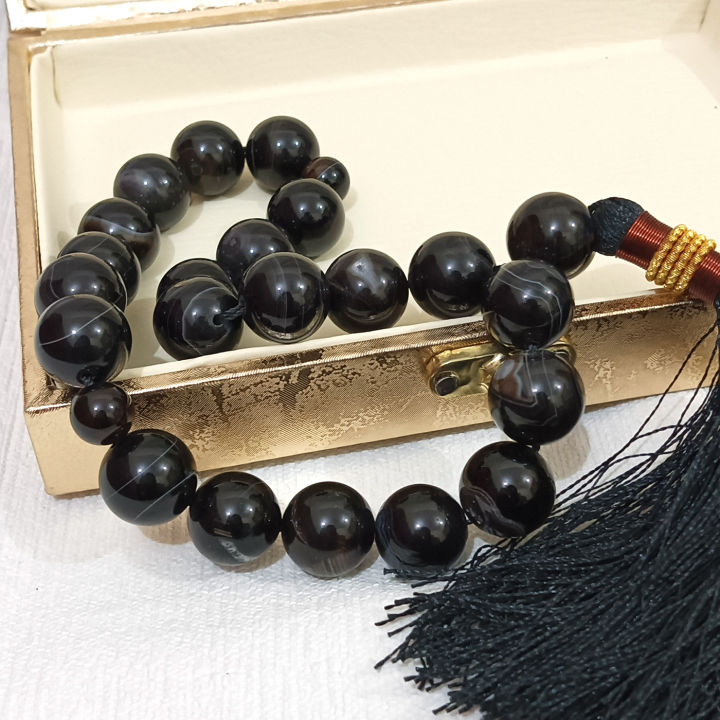 Natural smooth fancy Sulemani Black Aqeeq Tasbih 21 Beads – muslim Agate zikr prayer Sumaimani haqeeq Tasbeeh - handmade 14mm tasbi counter Stress Relaxation