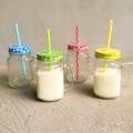 Set of 4 Mason Jar Mugs with Handle, Multi Colored  Lids and Plastic Straws - Ideal for BBQ's, General Home Kids Use, Summer Parties, Picnics and More (450ml per Glass). 