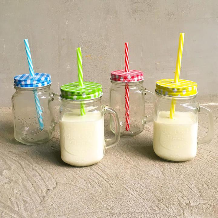 Set of 4 Mason Jar Mugs with Handle, Multi Colored  Lids and Plastic Straws - Ideal for BBQ's, General Home Kids Use, Summer Parties, Picnics and More (450ml per Glass)