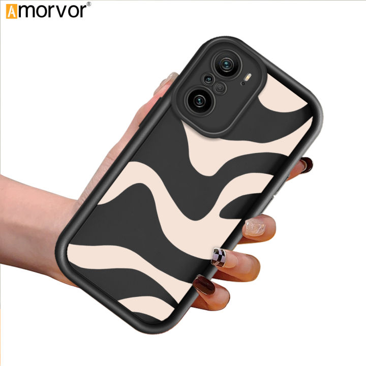 AMORVOR for Redmi K40 Pro Xiaomi Poco F3 MI 11x Back Cover Soft Square Ladder Black Zebra Stripe Silicone Camera Protection Phone Case