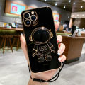 COROGI for iPhone 11 Pro Max Back Cover with Lanyard + Cartoon Astronaut Folding Stand Fashion Shiny 6D Plating Protective Case Square Bumper Soft Silicone Mobile Phone Cases. 