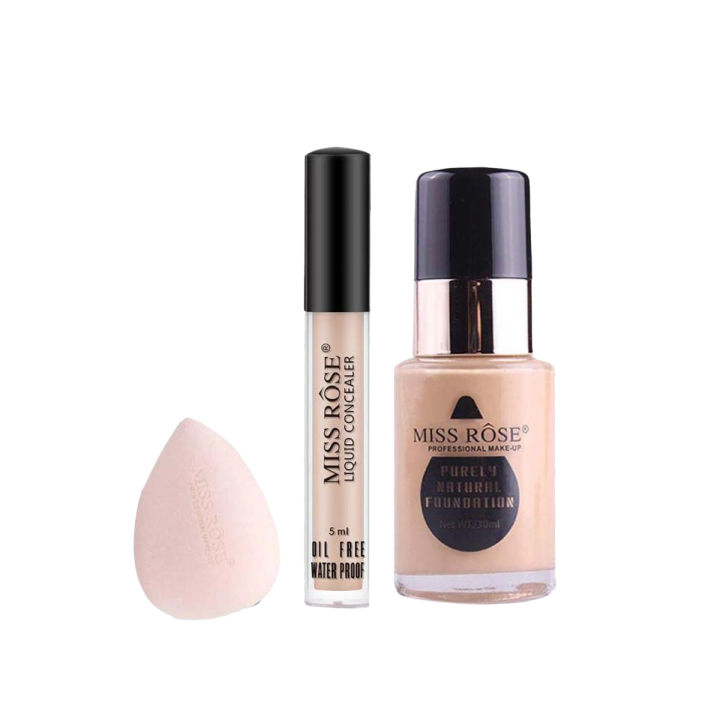 MISS ROSE Concealer , Purely Natural Foundation And Blender - 3 Pcs Set