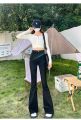 Women's American-Style Retro Blue High Waist Jeans Autumn2022New Hot Girl Niche Design Bootcut Pants Tide. 