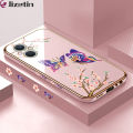 Jizetin (Free Lanyard) for OPPO Reno7 Z 5G  /  F21 Pro 5G Back Cover Peach Blossom and Butterfly Luxury 6D Plating Case Side Pattern Soft Silicone Square Mobile Phone Cases. 