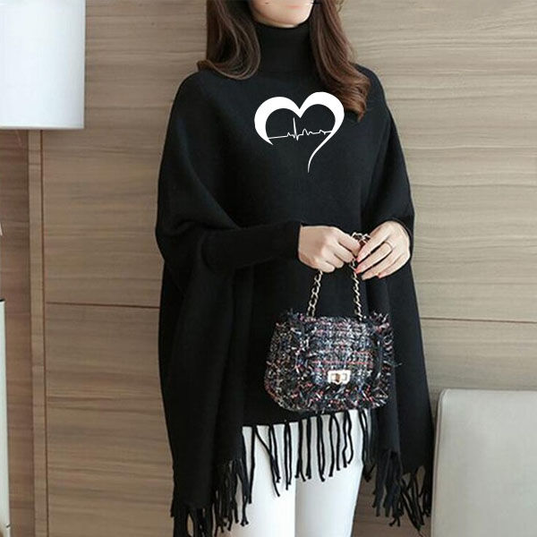 Heart with heart beat Printed Winter Fleece Poncho For Girls and Womens