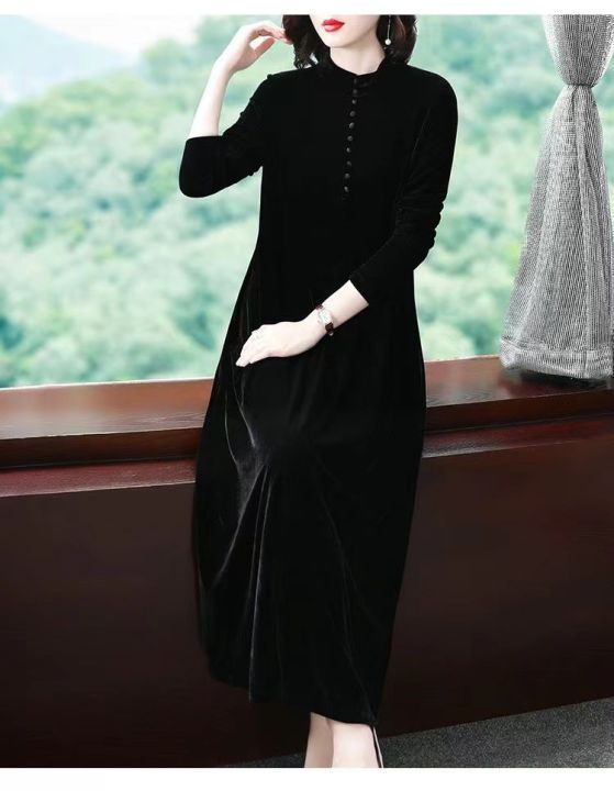 bellylady%20Women%20Velvet%20Long%20Skirt%20Fashionable%20Solid%20Color%20Long%20Sleeves%20Round%20Neck%20Dress%20Elegant%20Large%20Size%20Casual%20Dress%20-%20Image%206