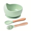 3 pcs  Bpa Free Silicone  Baby Feeding Set Learning Dishes Suction Bowl Set Wood Spoon Non-slip Silicone Bowl and spoon for Baby Bowl  - Buy Silicone Bowl And Spoon , BPa Free Silicone Baby Feeding Set Baby feeding  Set , Baby Bowl. 