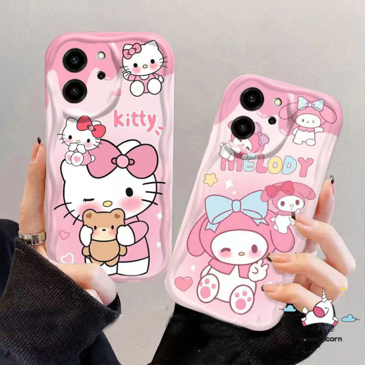 Cartoon Cute Melody Hello Kitty Phone Case Compatible For IPhone 11 15 14 12 13 Pro Max 7 8 6S 6 Plus XR X XS MAX SE 2020 3D Wavy Curved Edge Soft Tpu Case