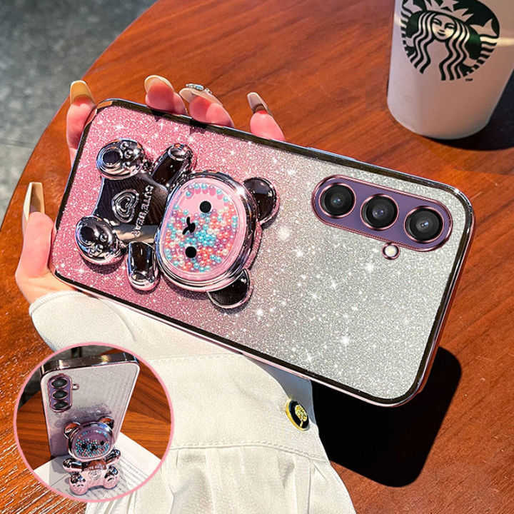 For Samsung Galaxy A15 4G A15 5G A25 A35 A55 Back Cover with 3D Bear Hidden Stand Bracket Luxury 6D Gradient Shiny Plating Glitter Women Phone Case Clear Soft Silicone Protective Cases Pouch Girls