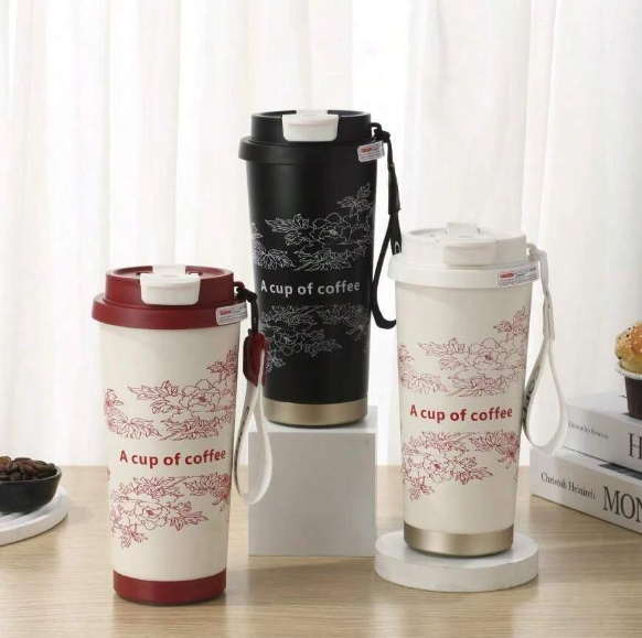 500ml 316 Stainless Steel Woman Flower Coffee Mug Cup Insulated Travel Mug With Lid Double Wall Vacuum,Leak Proof, Includes Straws and Portable Handle Rope