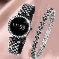 Diamond Digital Touch Screen LED Watch For Girls With Bracelet - Wrist Watches in Round and Square Dial For Women's With Diamond Stainless Steel Chain - Ladies Silver Jewellery Watches. 