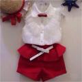 【BestGO】new  Summer fashion Girl lace white blouses+ red shorts clothing set twinset. 