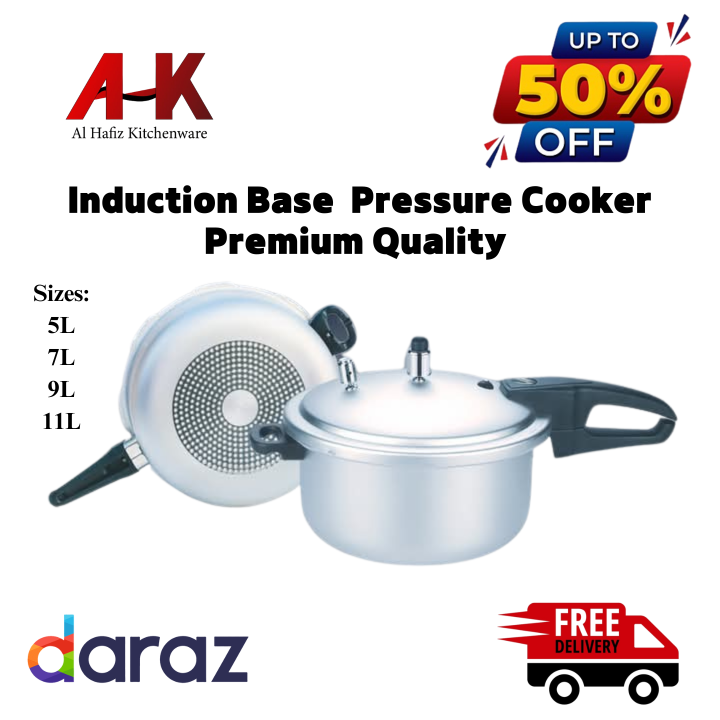Induction Base Pressure Cooker 9 Liter  Induction Base, Triple Safety Lock, Heavy Gauge for Biryani, Beef & Daal – Stainless Steel + Aluminum