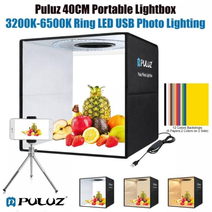 PULUZ 40cm/16 Inches Folding Portable Ring Light USB Photo Lighting Studio Shooting Tent Box with 6 x Dual-side Color Backdrops, Size: 40cm x 40cm x 40cm (Black)