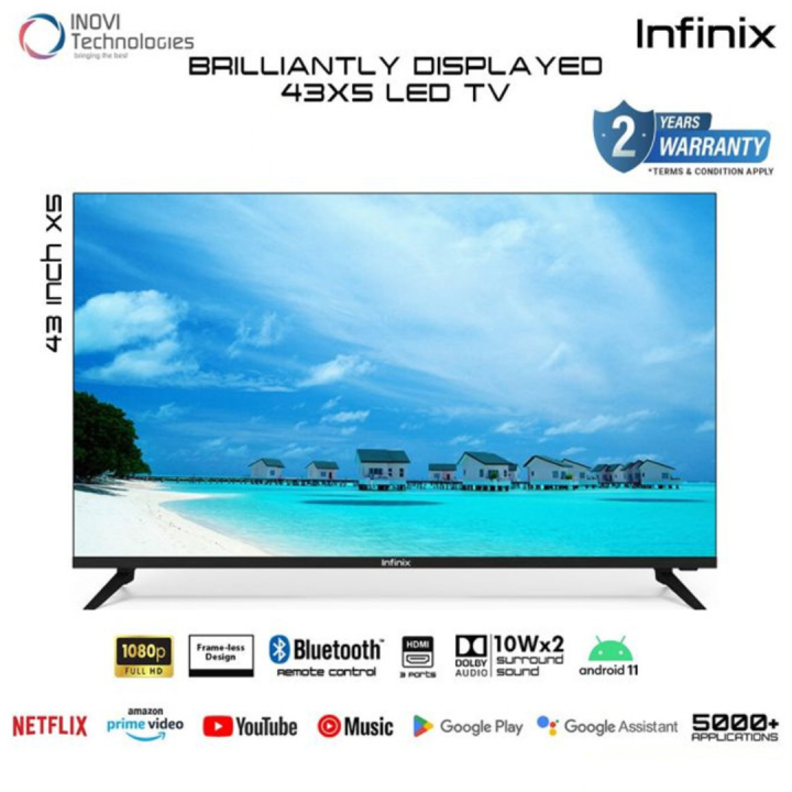 INFINIX LED 43X5 43 INCHES SMART FHD ANDROID LED TV | 1GB RAM 8GB ROM | BEZEL-LESS | 10W+10W FULL RANGE BOX SPEAKERS | 2 YEARS BRAND WARRANTY