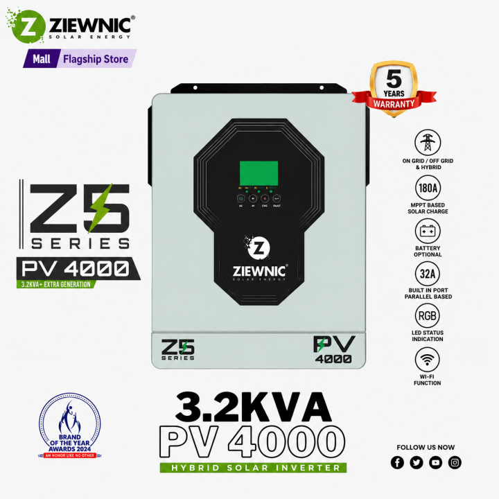 ZIEWNIC Z5 Series 3.2 (KVA) 6G PV4000 Solar Hybrid Inverter 100% Pure Sine Wave Built-in (100A) MPPT Charge Controller INVERTER By Ziewnic Solar Energy Official store