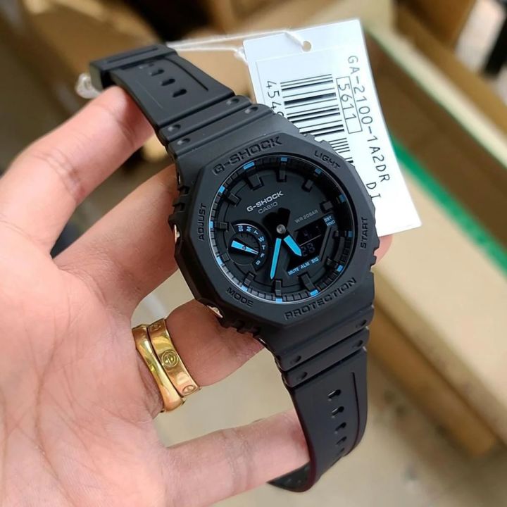 Casio G Shock Carbon Core Guard Black Neon Accent Series Analog-Digital World Time Black Resin Band Watch-GA-2100-1A2DR