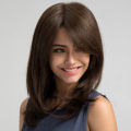 Women Hair Wigs Ladies Daily Natural Wave Dark Brown Side Parting Synthetic None Lace Wigs with Bangs. 
