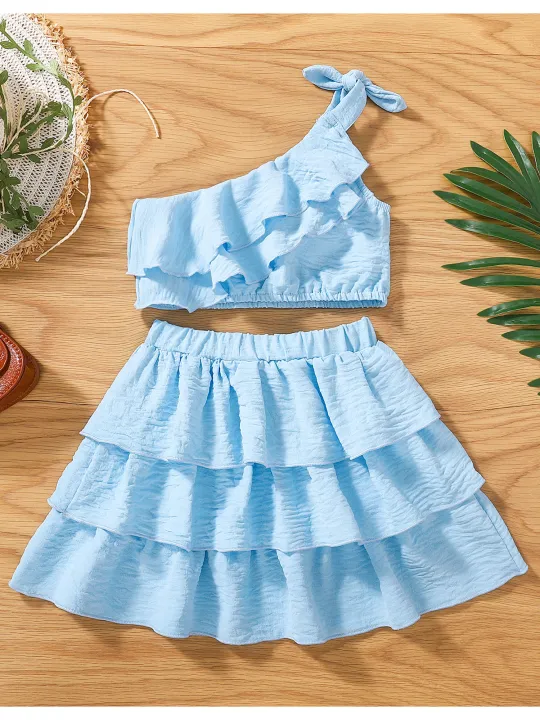 Kids%20Girl%20Summer%20Skirt%20Outfit%20Solid%20Color%20One%20Shoulder%20Sleeveless%20Ruffled%20Crop%20Tops%20and%20Stretch%20Casual%20Layered%20Skirt%20Set%20-%20Image%207