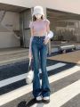 Women's American-Style Retro Blue High Waist Jeans Autumn2022New Hot Girl Niche Design Bootcut Pants Tide. 