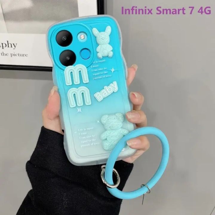 3D Wavy Gradient Baby Bear With Wristband Phone Case for Infinix Smart 7 Smart 6 HD Smart 6 5 4 Note 12 Note 11 10 8 Case Cover