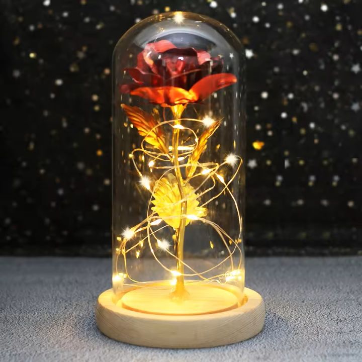 Rose In Flask Beauty And The Beast Gold-plated Red Rose With LED Light In Glass Dome For Wedding Party Mother's Day Gift