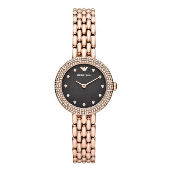 Emporio Armani Rose Gold Leather Strap Black Dial Quartz Watch for Ladies - AR11372