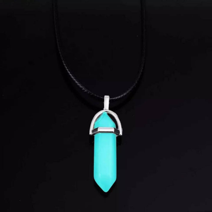 New Luminous Stone Fluorescent Hexagonal Column Necklace Natural Crystal Gem Stone Pendant Leather Chains Necklace
