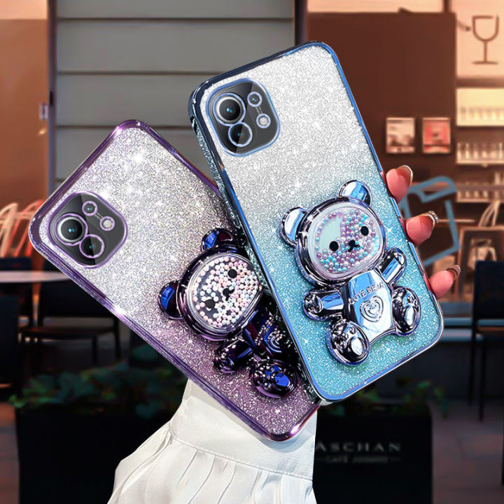 For Xiaomi Mi 11 Lite / 11 Lite 5G NE / 11 Back Cover with 3D Bear Hidden Stand Bracket Luxury 6D Gradient Shiny Plating Glitter Women Phone Case Clear Soft Silicone Protective Cases Pouch Girls
