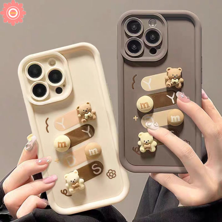 Cartoon Cute M Bean 3D Little Bear Doll Simple Couples Case Compatible For IPhone 7Plus 11 15 14 12 13 Pro Max 7 8 15 6S 6 Plus XR XS MAX X SE 2020 Soft Angel Eyes Cover