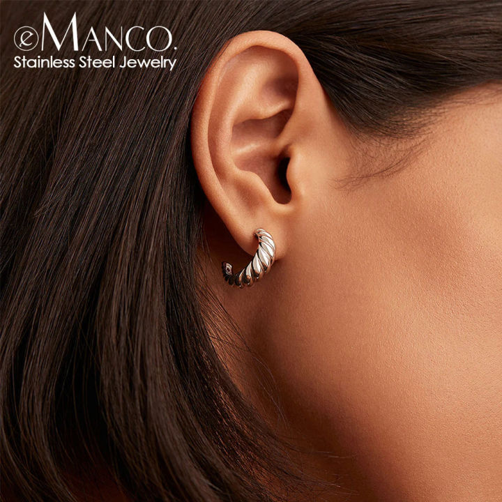 【BeginnerBer】eManco Vintage Croissant Stainless Steel Hoop Earrings for Women Simple Round Circle Ear Rings Simple Accessories Party Jewelry