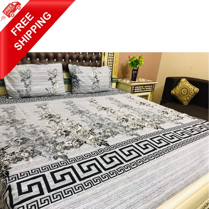 3PCS VERSACE DESIGN BEDSHEET SET KING SIZE- 100% PURE COTTON SATIN BEDSHEET FOR DOUBLE BED KING- PRINTED DESIGN BEDSHEET SET WITH PILLOW COVERS