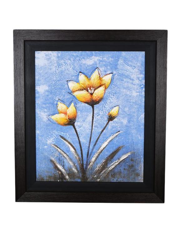 Pack of 2 - Imported Artist Made Oil On Canvas Flower Painting Wall Frame Wall Art - Wood Textured Fiber With Black Mount - 20x23 Inch