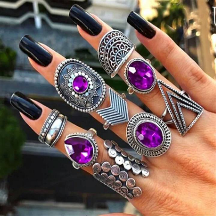 New  Pack of 9 rings Rings for womens purple & silver rings set midi rings women midi rings casual stylish rings for women rings for girls midi finger rings set midi rings online cute midi rings.9 PCS/SET Vintage Big Purple Crystal Crown Star Rings Set .