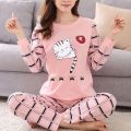Winter Cute Cartoon Cat Print Pajama Set Women Two-Pieces Long Sleeve Sleepwear Underwear Girls Pajama Sets. 