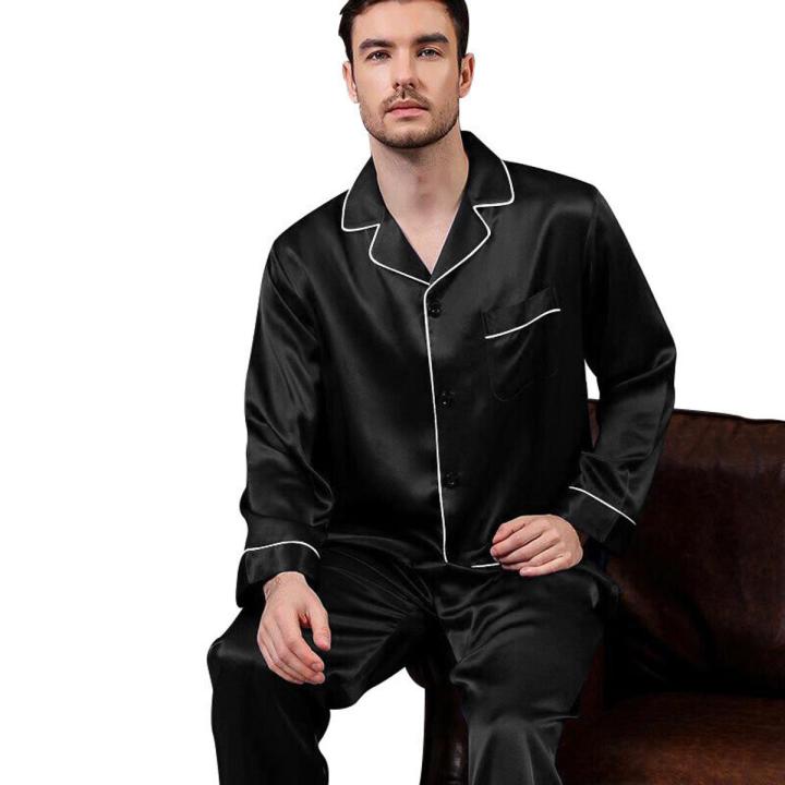 night dress trouser shirt Fashionable Mens Silk Satin Pajamas Set: Night Dress with Shirt and Trouser  Set For Men - Black Elegance
