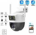 Dual Lens PTZ Outdoor Wifi Security Camera, HD IP Smart Dome Color Night Version Two way audio, Weather Proof SD card slot V380 White. 