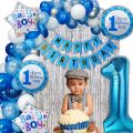 1st Birthday Decoration Kit for Boys & Girls - 70pc Combo- 60pc Balloons(white,silver,blue)(white,pink,red), 1 banner, 1st birthday foil balloon Set of 5, 2 Silver Curtains, 1pc dot tape, 1pc arch tape( First Birthday Theme Decorations for Boys & Girls ). 