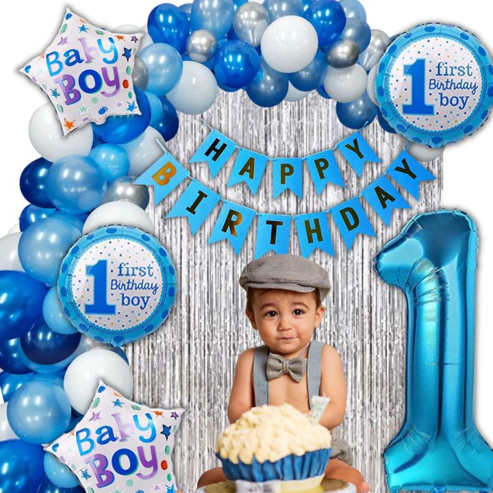 1st Birthday Decoration Kit for Boys & Girls - 70pc Combo- 60pc Balloons(white,silver,blue)(white,pink,red), 1 banner, 1st birthday foil balloon Set of 5, 2 Silver Curtains, 1pc dot tape, 1pc arch tape( First Birthday Theme Decorations for Boys & Girls )