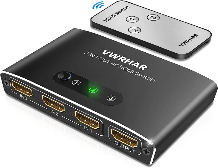 VWRHAR HDMI Switch 3 in 1 Out 4K UHD HDMI Switcher Splitter, Automatic Switch with Remote Metal HDMI Switch Box Hub Support 4K 30Hz 3D 1080P HDCP1.4 for PS5 PS4 Xbox DVD Player Fire Stick Apple TV PC