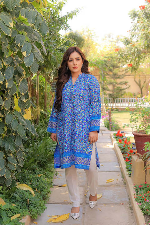 Khayaal Lawn Stitch Azura Blue Hand Block Print Shirt 1 PC