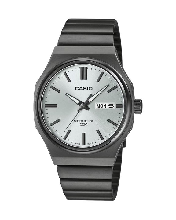 Casio General Standard Mens Gunmetal Stainless Steel Case Round Analog Day, Date Gunmetal Stainless Steel Bracelet Watch-MTP-E735B-7AVDF