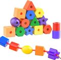 Rainbow Beaded Wooden Blocks-With 4 Different Geometric Shapes- Colorful- Lacing Beads-Threading Beads. 