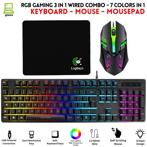 RGB Gaming Keyboard & Mouse Combo - 7 Colour Wired RGB Mouse and Keyboard Set - USB Wired Pack For PC & Laptop - White & Black