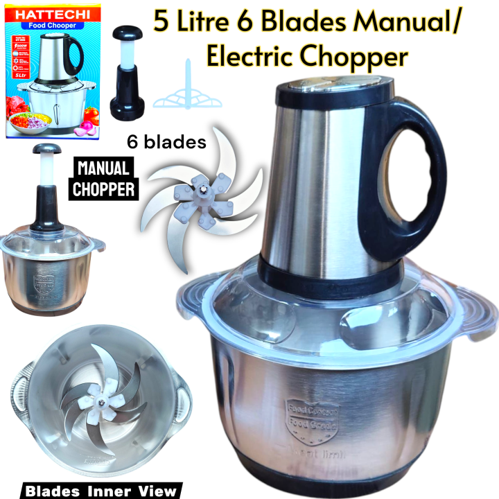 Electric/Manual Chopper 6 Blades Stainless Steel 3 Speeds 5 Liters Big Capacity Electric Meat Grinder Food Processor Chopper Mincer Compact Body Design Beautiful Durable