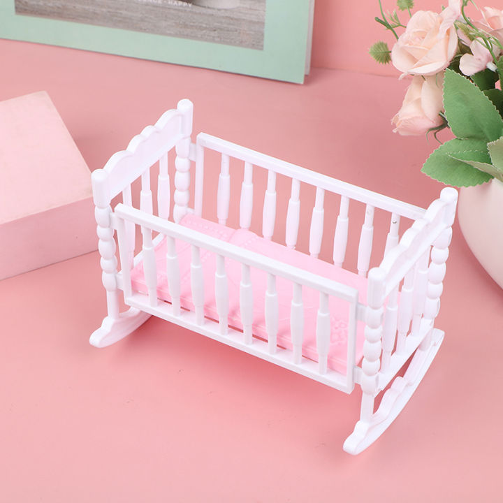 Doll House Light Pink White Baby Doll Shaker Toy Accessories Bed Cradle Crib Cologo