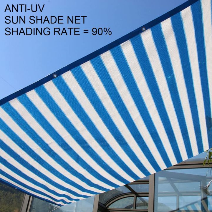 Blue/white%20Sun%20Shade%20Net,%20High%20Quality,%2090%25%20Sun%20Protection%20Shade%20Net%20UV%20Resistant,%20Privacy%20Screen%20Fence%20for%20Garden%20Balcony%20Greenhouse.%20With%20loops%20&%20rings%20on%20every%203%20feet%20distance%20on%20sides%20and%20double%20stitched%20sides%20with%20cotton%20nawar.%20-%20Image%204
