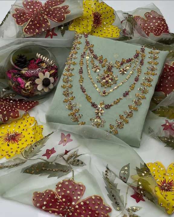 SAJFI%20CLOSET-2-Piece%20Handmade%20Organza%20Botqui%20Style%20Dress%20with%20Zarri%20and%20Nagina%20Embroidery,%20Oil%20Paint%20Dupatta%20-%20Image%205